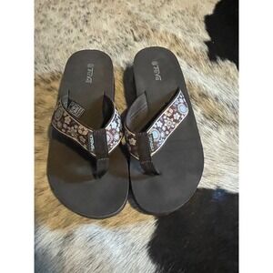 Teva Mush Wedge Flip Flops Brown Floral Mandala Platform Sandals Womens 8 6139